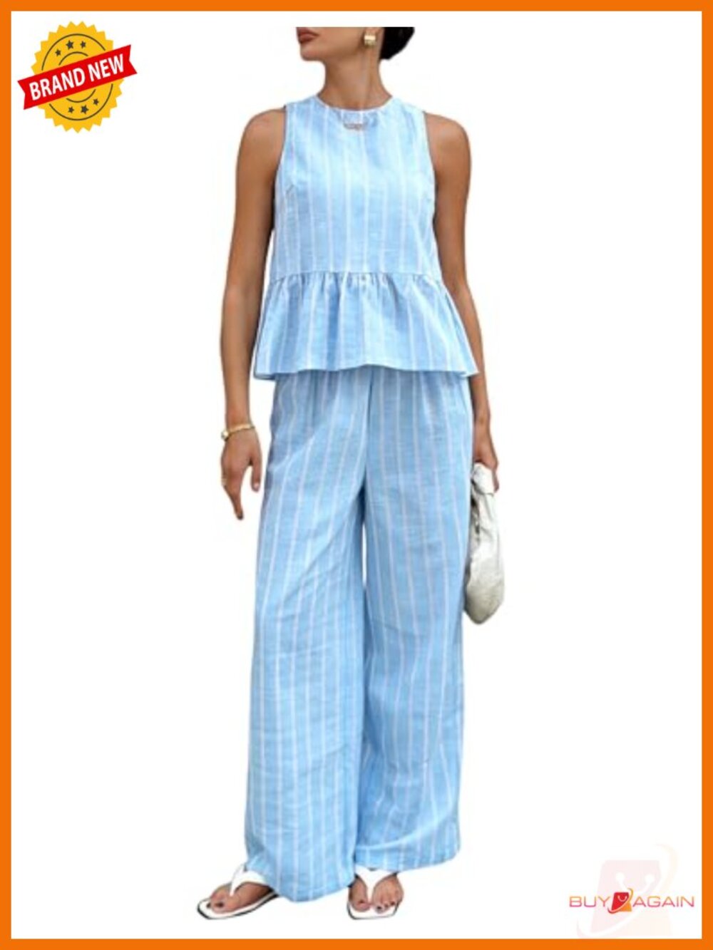 Women 2 Piece Cotton Lounge Set Sleeveless Peplum Tank Wide Leg Pants
